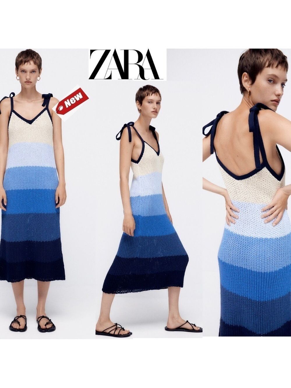 Zara Blue cream Striped Limited Edition Knit Midi Dress Sz S NWT BEACH VACATION